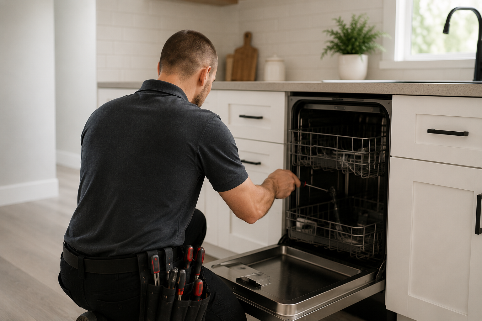 Appliance repair technician servicing a dishwasher